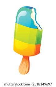 Bitten ice cream stick with blue, green, and yellow layers. Vector cartoon illustration