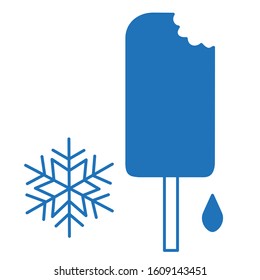 bitten ice lolly, snowflake and drop, blue linear icon on white isolated background