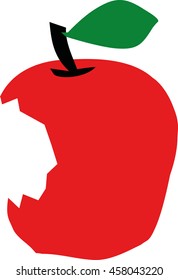 Bitten into apple with green leaf