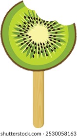 Bitten kiwi slice ice cream on a wooden stick
