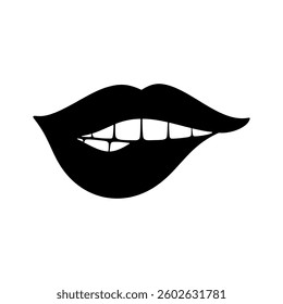 Bitten lip on white background. Lips with teeth logo emblem sign vector illustration