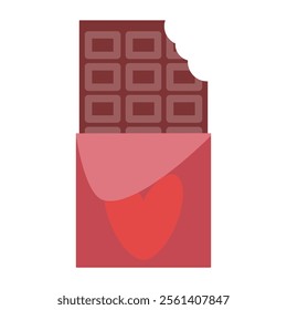 Bitten milk chocolate bar partially unwrapped in red packaging, isolated on a white background. Flat-style vector illustration of a dessert.