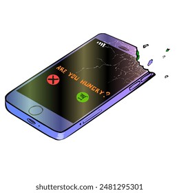 bitten off top corner of the smartphone. On the display, you are hungry. and offer to order food by clicking on the cart button. Vector illustration of ordering food through an application on a