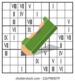Bitten pencils and sudoku Roman numerals, concept nervous and stress, vector illustration