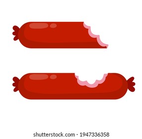 Bitten piece of sausage. Meat product. Food waste. Ingredient for a burger and sandwich. Flat cartoon illustration