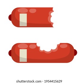 Bitten piece of sausage. Meat product. Food waste. Ingredient for a burger and sandwich. Flat cartoon illustration