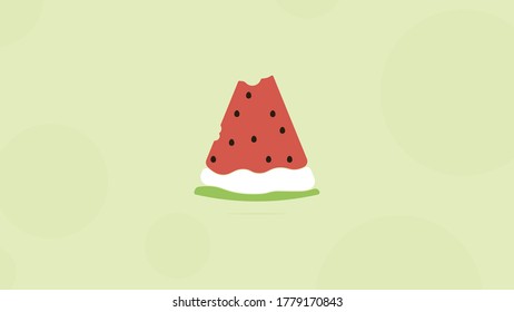 Bitten piece of watermelon with shadow on light green background with bokeh