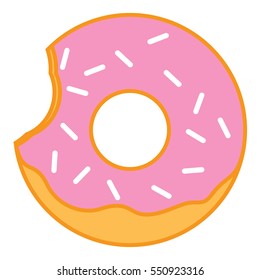 Bitten Pink glazed ring doughnut with sprinkles. Thin line linear vector illustration