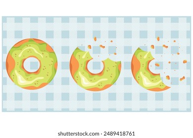 Bitten pistachio donut on a blue tablecloth. Cartoon tooth bite doughnut. Candy glazed delicious donuts. Circle doughnut with glazed and cream. Vector illustration