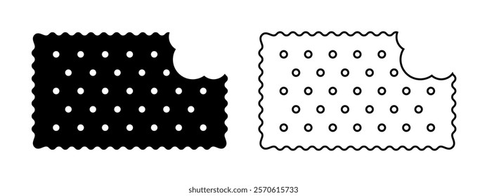 Bitten rectangular cracker silhouette and outline icon. Biscuit cookie in rectangle shape. Popular crunchy snack isolated on white background. Vector graphic illustration.