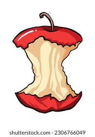 Bitten red apple food waste vector illustration isolated on vertical white background. Simple flat drawing with outlined cartoon art style.