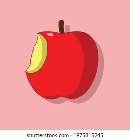 bitten red apple fruit with shadow on pink background