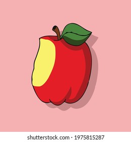 bitten red apple fruit with shadow on pink background