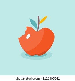 Bitten Red Apple. Fun Apple Fruit isolated on blue background.