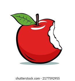 Bitten red apple with leaf. Appetizing fruit for a healthy diet. Natural food. Vector illustration isolated on white background . Pop art style hand drawn