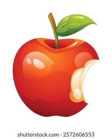 Bitten red apple with leaf on top, exposing its juicy flesh. Vector cartoon illustration