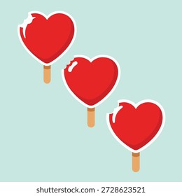 Ilustração de sorvete de picolé de coração vermelho mordido.