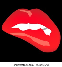 Bitten red lips on the black background. Vector illustration.