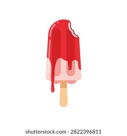 Bitten red strawberry popsicle with dripping syrup isolated on white background vector illustration