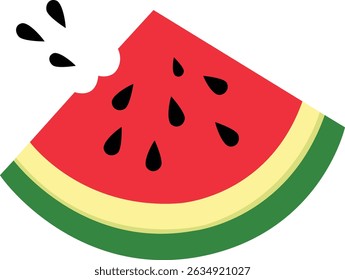 Bitten red watermelon slice with green rind and black seeds vector isolated on a transparent background. Hand drawn trendy flat style.