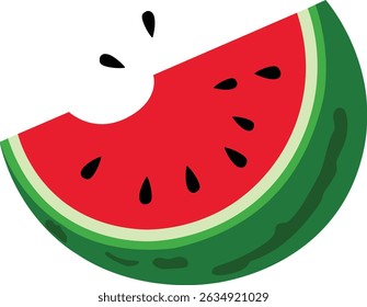 Bitten red watermelon slice with green rind and black seeds vector isolated on a transparent background. Hand drawn trendy flat style.