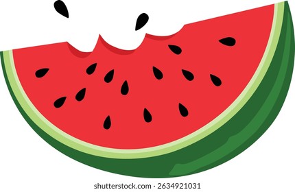 Bitten red watermelon slice with green rind and black seeds vector isolated on a transparent background. Hand drawn trendy flat style.