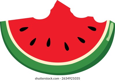 Bitten red watermelon slice with green rind and black seeds vector isolated on a transparent background. Hand drawn trendy flat style.