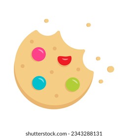 Bitten round cookie with colored chocolate. Cute vector illustration isolated on white