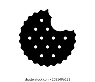 Bitten round cracker silhouette. Sweet or salty biscuit cookie. Popular kids crunchy snack isolated on white background. Vector graphic illustration.