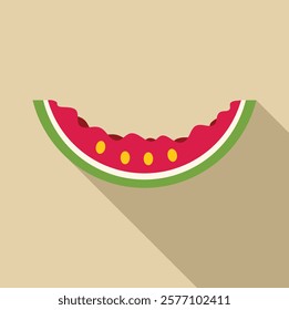 Bitten slice of ripe watermelon with seeds showing flat design icon with long shadow