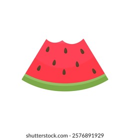 A bitten slice of watermelon in a cartoon style on a white background isolated. Symbol of summer, vacation. Berries, fruits that quench thirst. Refreshing berries, summer fruits