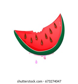 Bitten slice of watermelon with drops of juice isolated on white background. Vector illustration