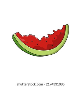 Bitten Slice of Watermelon icon. Vector summer fruits. Half slice of Summer watermelon vector graphic icon for web, logo and other designs. Juicy red watermelon with black seeds.