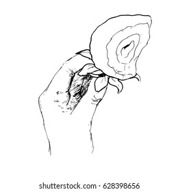 Bitten strawberry in hand. Hand drawn sketch vector illustration on white background. Black & white.