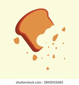 Bitten toast bread slice with flying crumbs vector flat illustration. Nibbled bread piece icon isolated on background. Breakfast and fast food snack concept.
