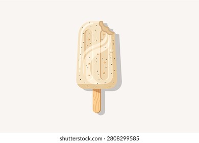 Bitten vanilla bean popsicle ice cream vector illustration. Creamy ice pop bar with chia seeds isolated on background.