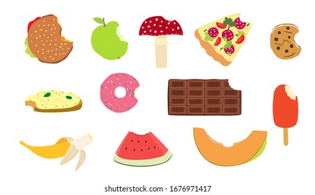 Bitten varied food with sprinkles on cartoon vector illustration isolated on white for postcard. Bit collection with apple, amanita, pizza with tomatoes sausage salad, bite donut, chocolate, cookie