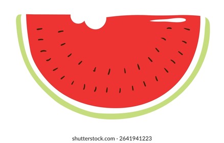 Bitten watermelon slice hand drawn illustration, isolated vector. Flat style design. Summer clip art, seasonal element, print. Healthy food, dessert, treat, beach activity, party