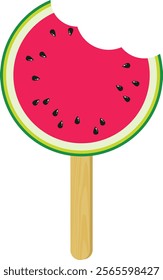 Bitten watermelon slice ice cream on a wooden stick
