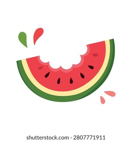 Bitten watermelon slice icon. Fresh juicy summer fruit with seeds. Sweet berry snack for healthy eating and diet illustration. Flat vector illustration isolated on white background.
