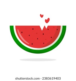 Bitten Watermelon Slice with Love Cartoon Illustration Isolated on White Background. Flat Vector. Good used for Logo, Icon, Stickers, and etc.