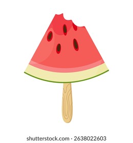 Bitten Watermelon Slice on Stick. Ripe red watermelon. Hand drawn trendy flat style isolated icon on transparent background. three watermelon segments. For card design, print, banner, packaging, label