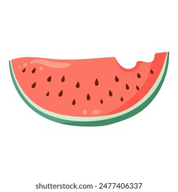 Bitten watermelon slice with vibrant green rind and red flesh with black seeds. Flat vector illustration. Summer fruit drawing for food graphic, menu, icon, logos postcard, greeting card, invitation