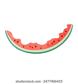 Bitten watermelon slice with vibrant green rind and red flesh with black seeds. Flat vector illustration. Summer fruit drawing for food graphic, menu, icon, logos postcard, greeting card, invitation