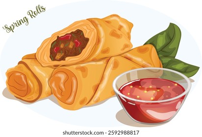 Bitten and Whole Spring Rolls Stacked with Basil Leaves and Sweet Chili Sauce on the Side. Chinese Vegetable Filling Wraps Isolated Illustration.