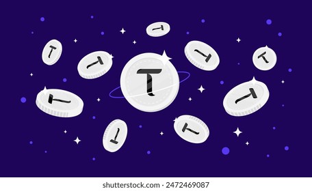 Bittensor (TAO) coins falling from the sky. TAO cryptocurrency concept banner background.