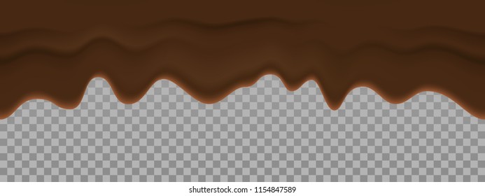 Bitter chocolate liquid texture. Vector dripping cream cocoa seamless background. Flowing dark choco creamy syrup sauce isolated on transparent background