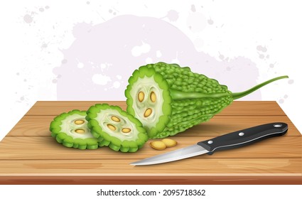 Bitter gourd chopped vegetable slices with knife on wooden chopping board vector illustration