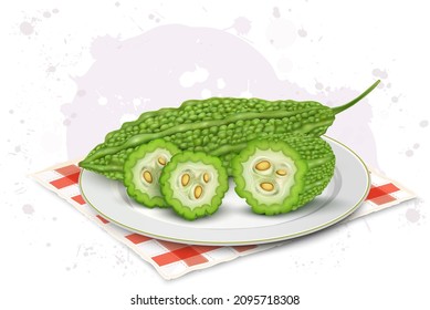 Bitter gourd vegetable and vegetable slices on plate vector illustration 