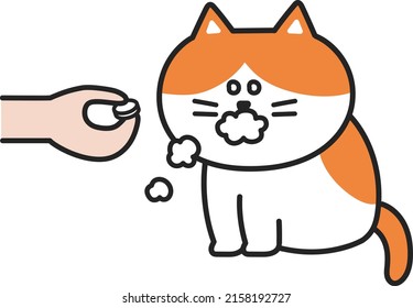 A bitter pill to swallow for the cat. Vector illustration isolated on white background.